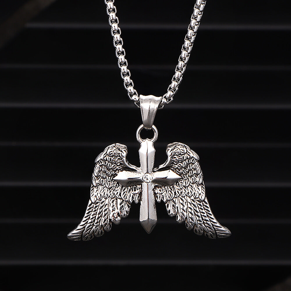 Vintage Cross Angel Wings Pendant in Stainless Steel