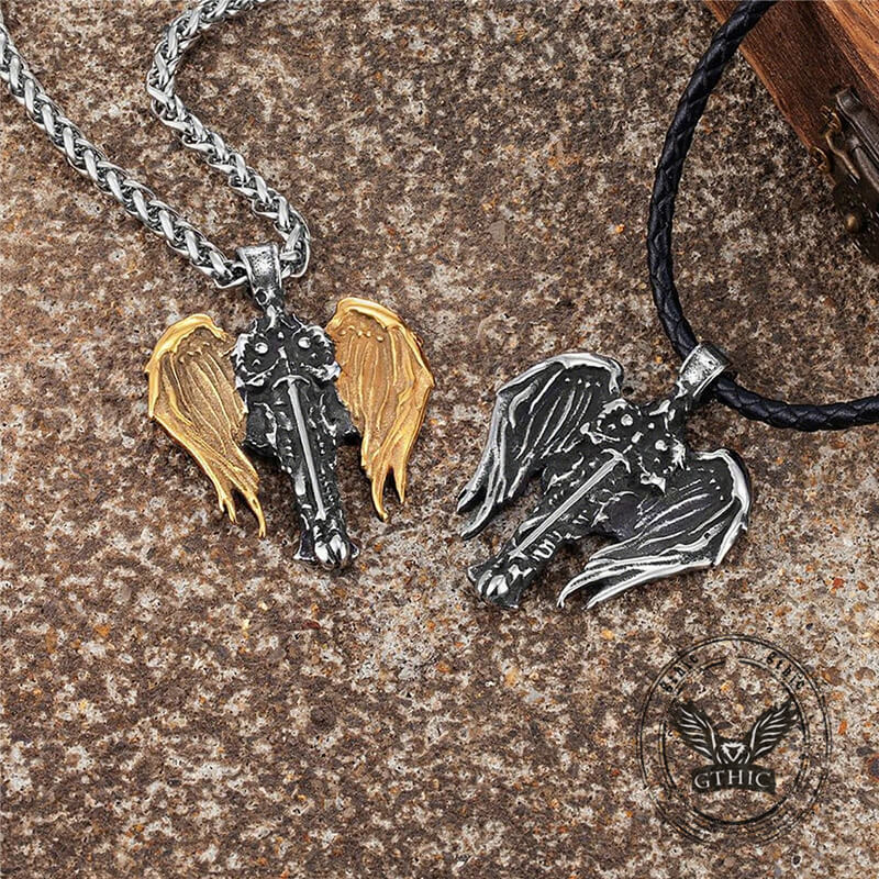 Vintage Cross Archangel Wing Amulet Pendant in Stainless Steel
