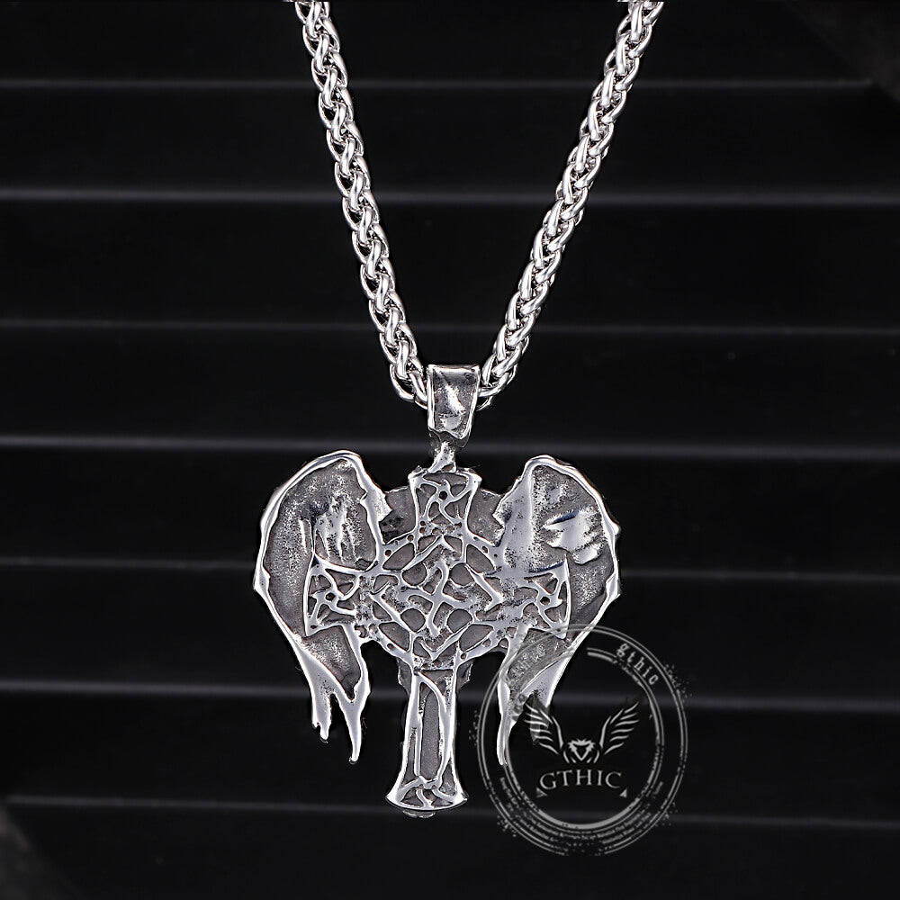 Vintage Cross Archangel Wing Amulet Pendant in Stainless Steel