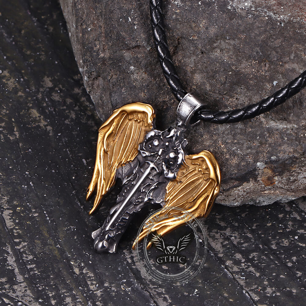 Vintage Cross Archangel Wing Amulet Pendant in Stainless Steel