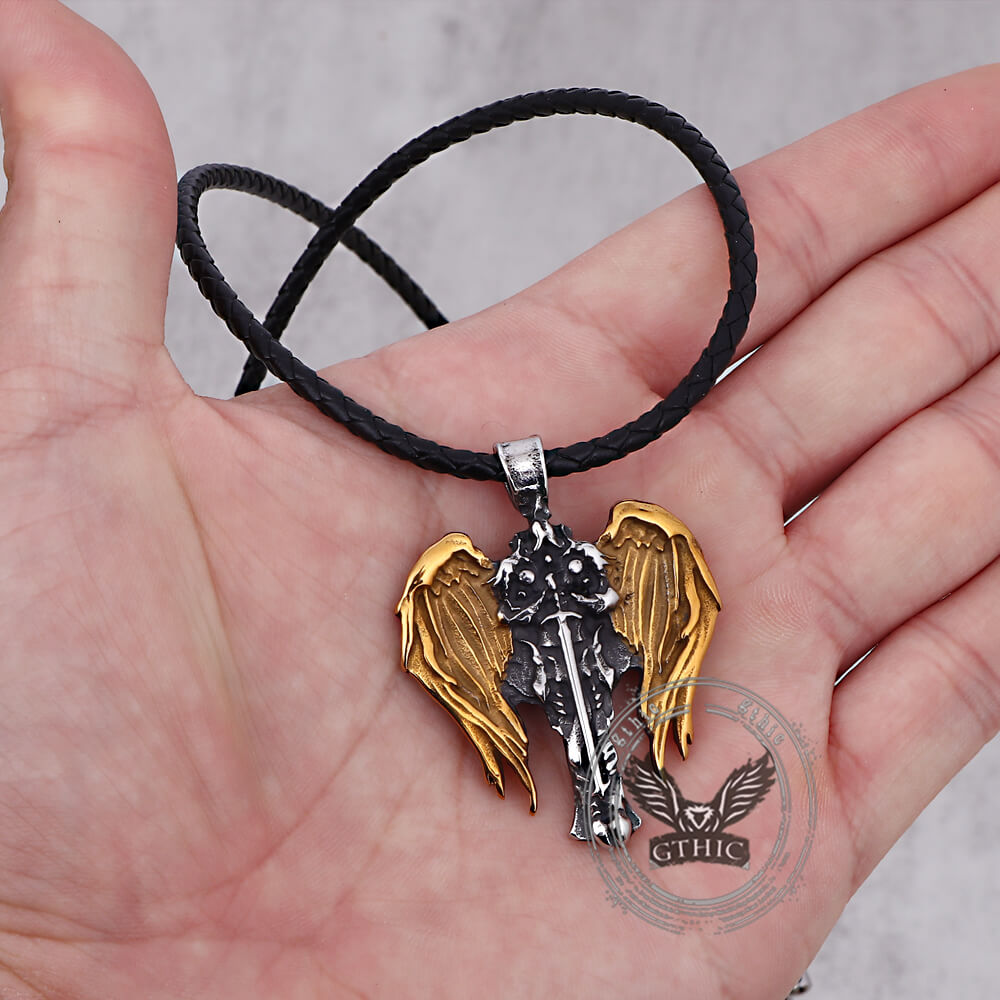 Vintage Cross Archangel Wing Amulet Pendant in Stainless Steel