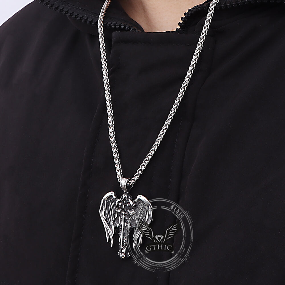 Vintage Cross Archangel Wing Amulet Pendant in Stainless Steel
