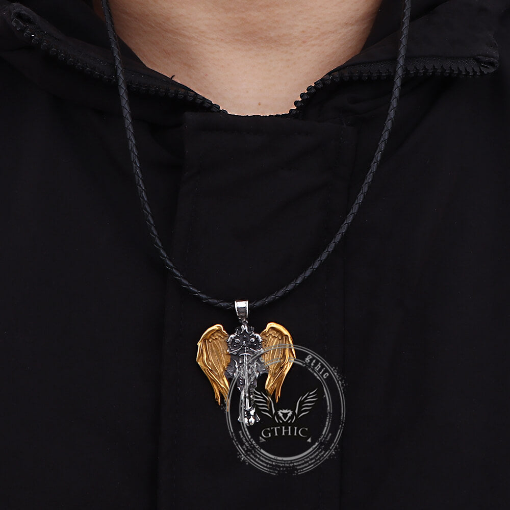 Vintage Cross Archangel Wing Amulet Pendant in Stainless Steel