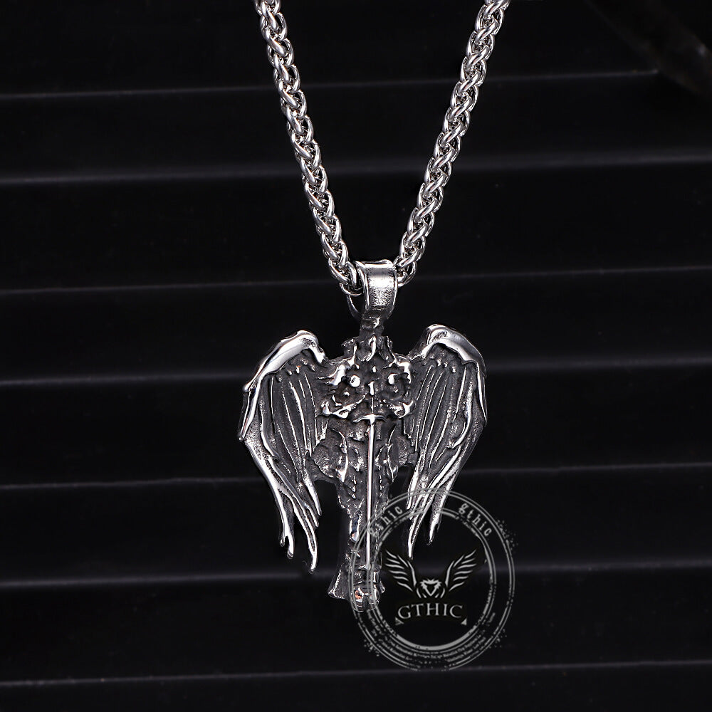 Vintage Cross Archangel Wing Amulet Pendant in Stainless Steel