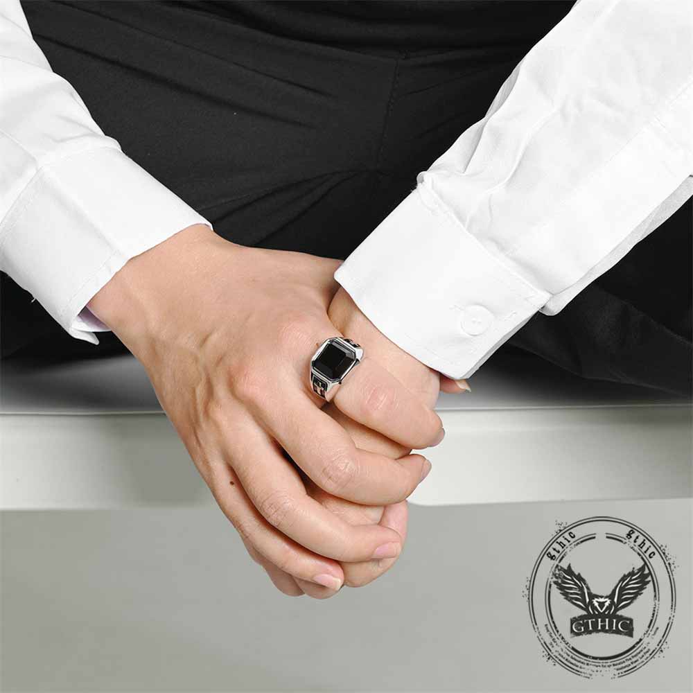 Vintage Cross Black Gemstone Ring in Stainless Steel