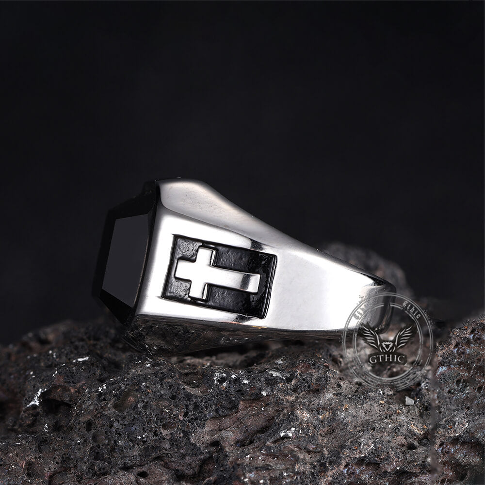 Vintage Cross Black Gemstone Ring in Stainless Steel