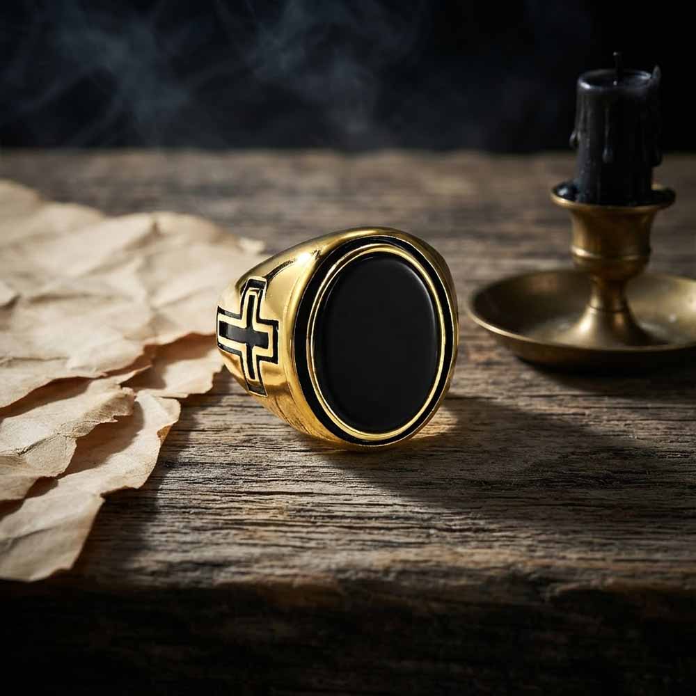 Vintage Cross Pattern Oval Gem Ring in Stainless Steel