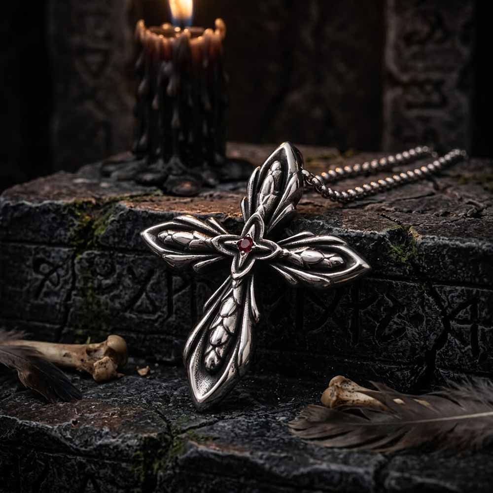 Vintage Cross Red Zircon Pendant in Stainless Steel