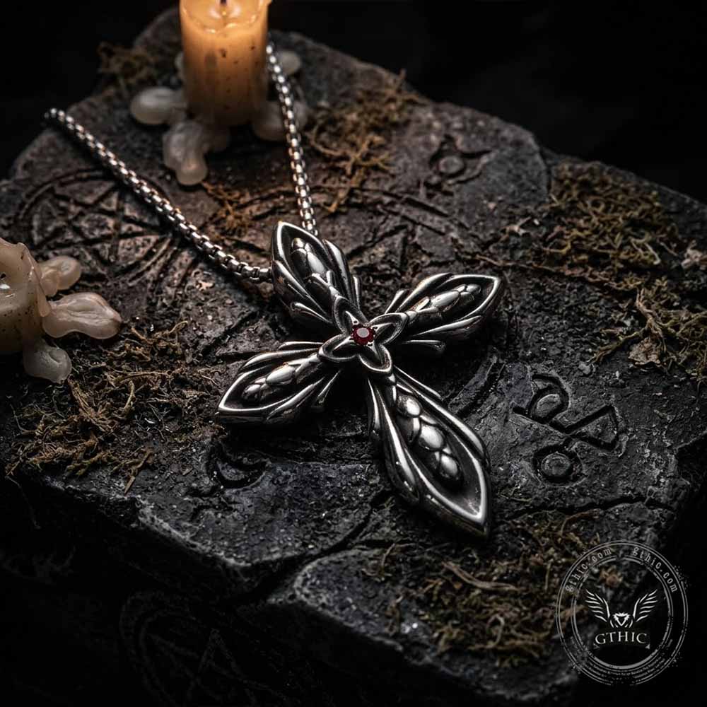 Vintage Cross Red Zircon Pendant in Stainless Steel