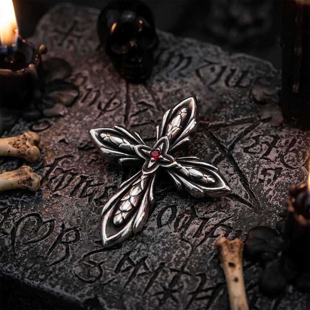 Vintage Cross Red Zircon Pendant in Stainless Steel