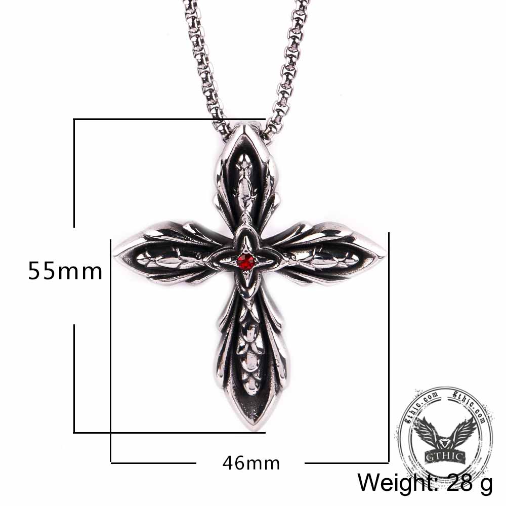 Vintage Cross Red Zircon Pendant in Stainless Steel