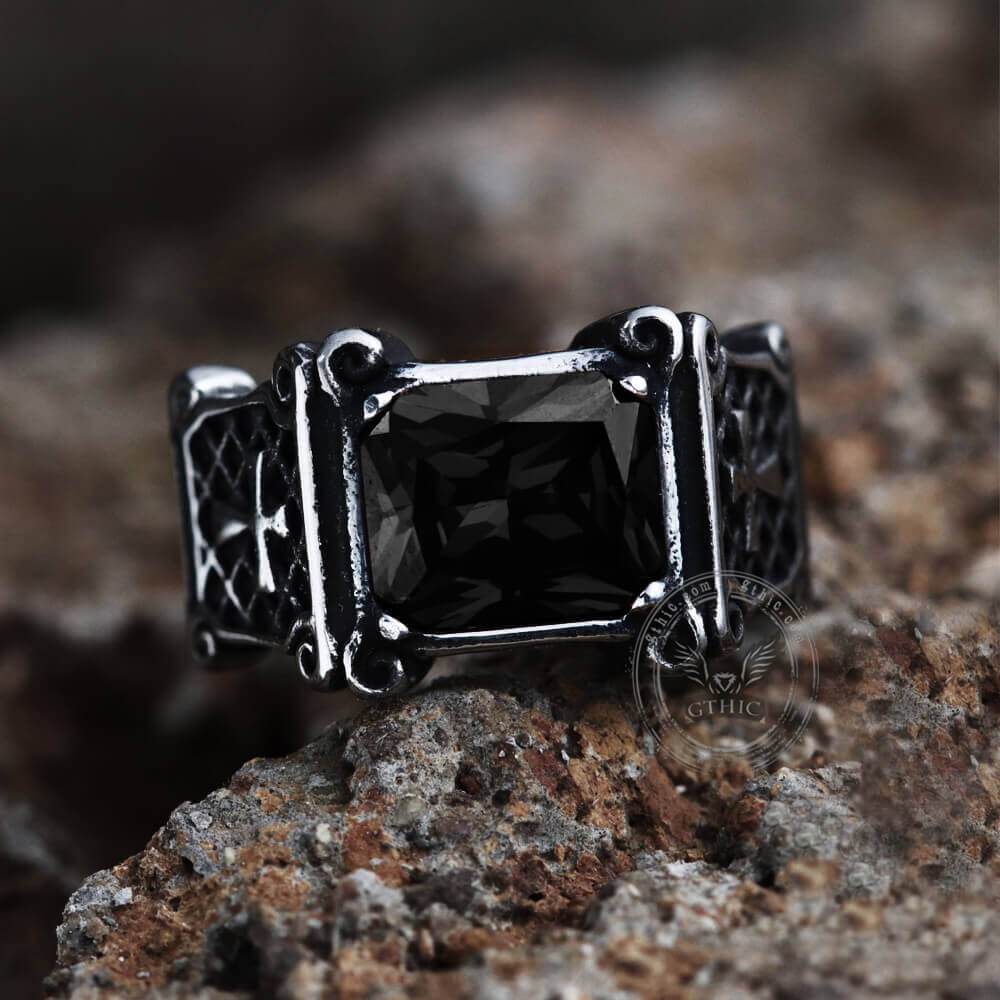 Vintage Cross Stainless Steel Gemstone Ring