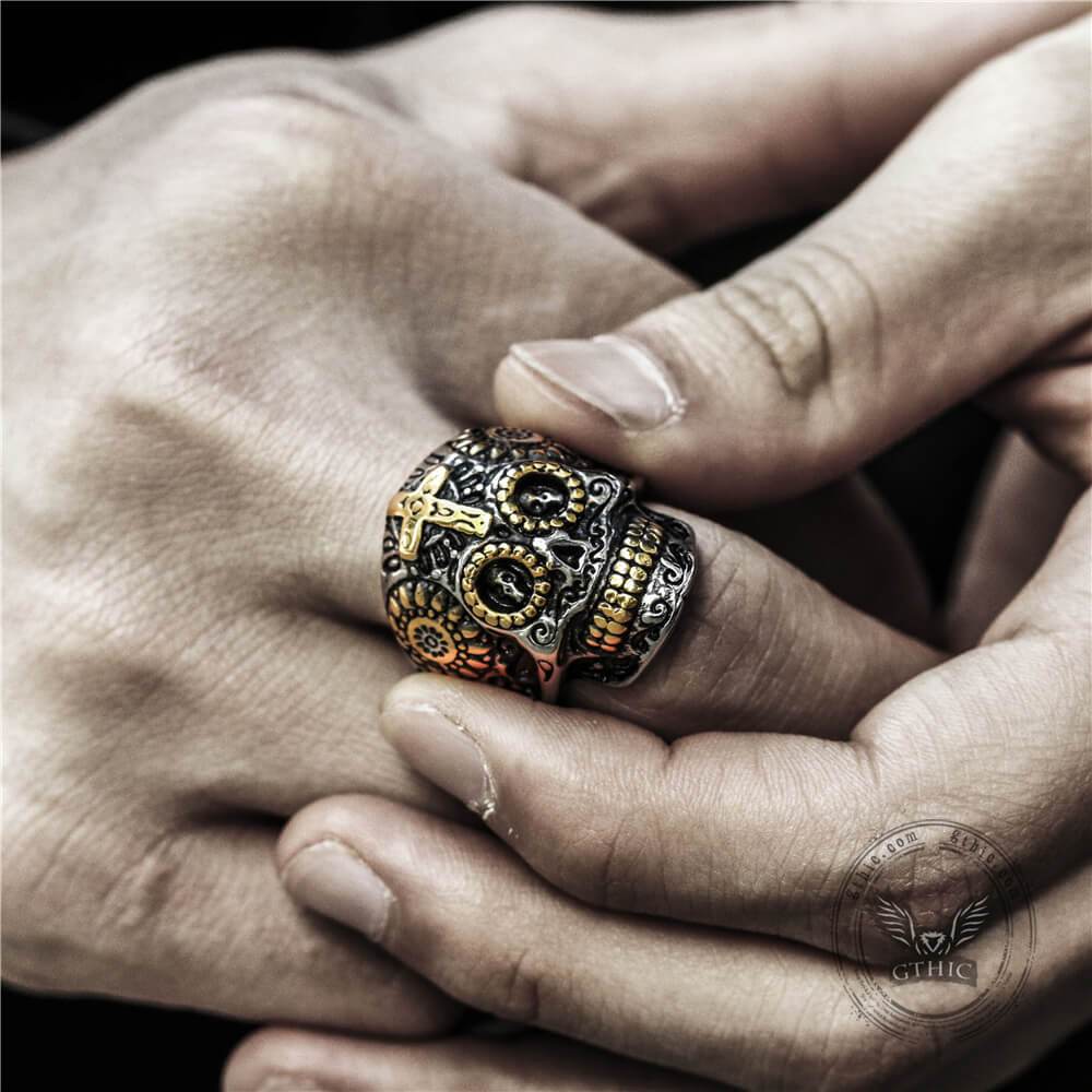 Vintage Cross Stainless Steel Sugar Skull Ring