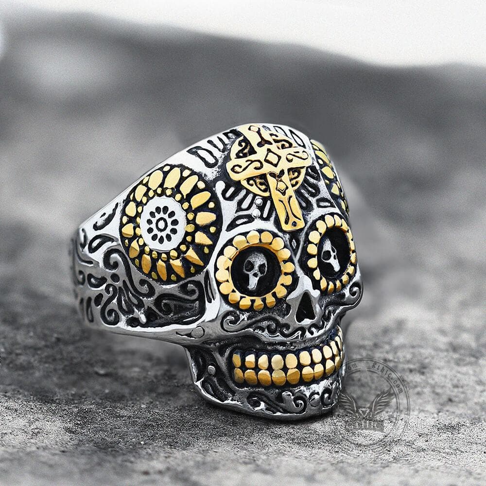 Vintage Cross Stainless Steel Sugar Skull Ring
