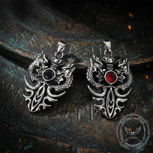 Vintage Double Dragon Gem Sword Pendant in Stainless Steel