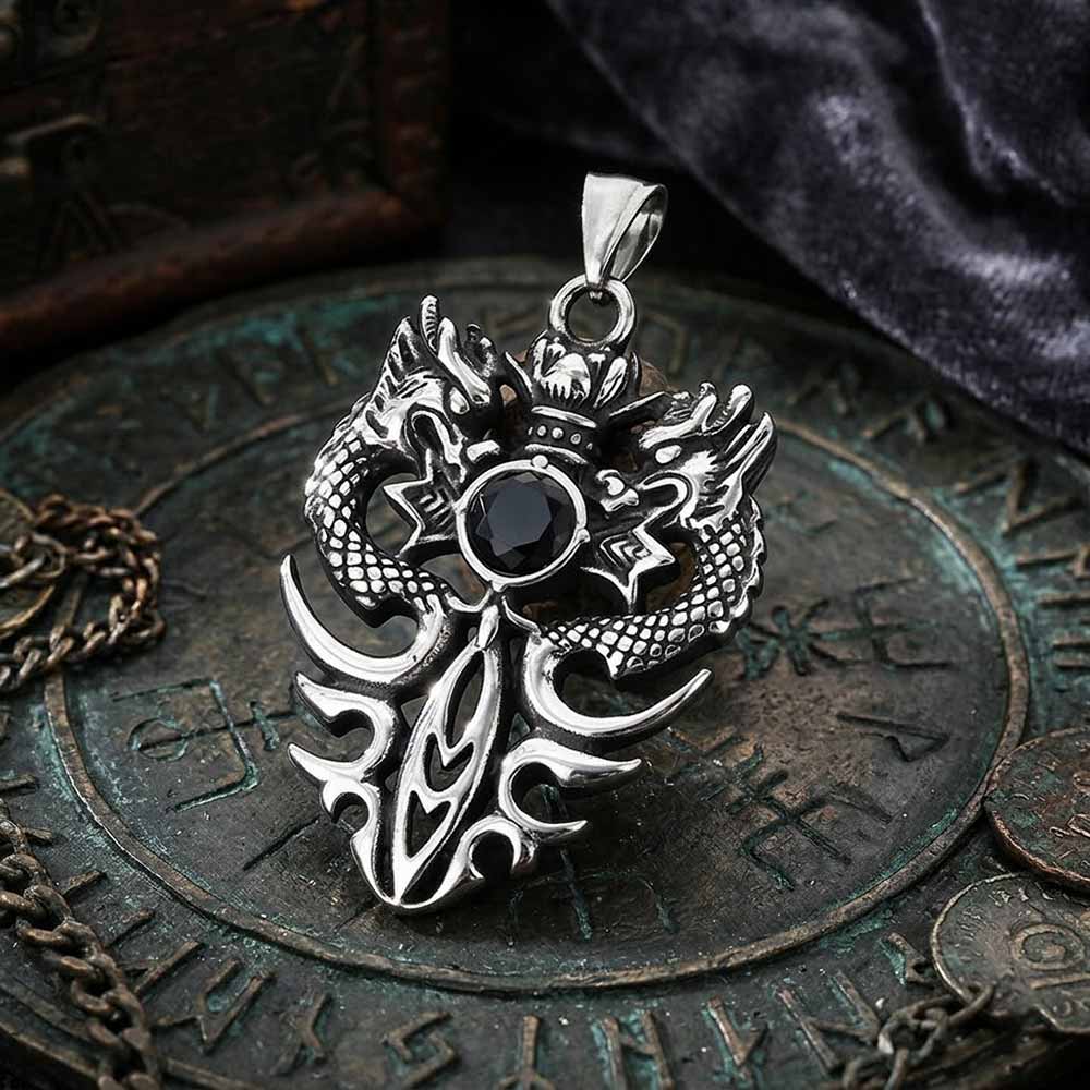 Vintage Double Dragon Gem Sword Pendant in Stainless Steel