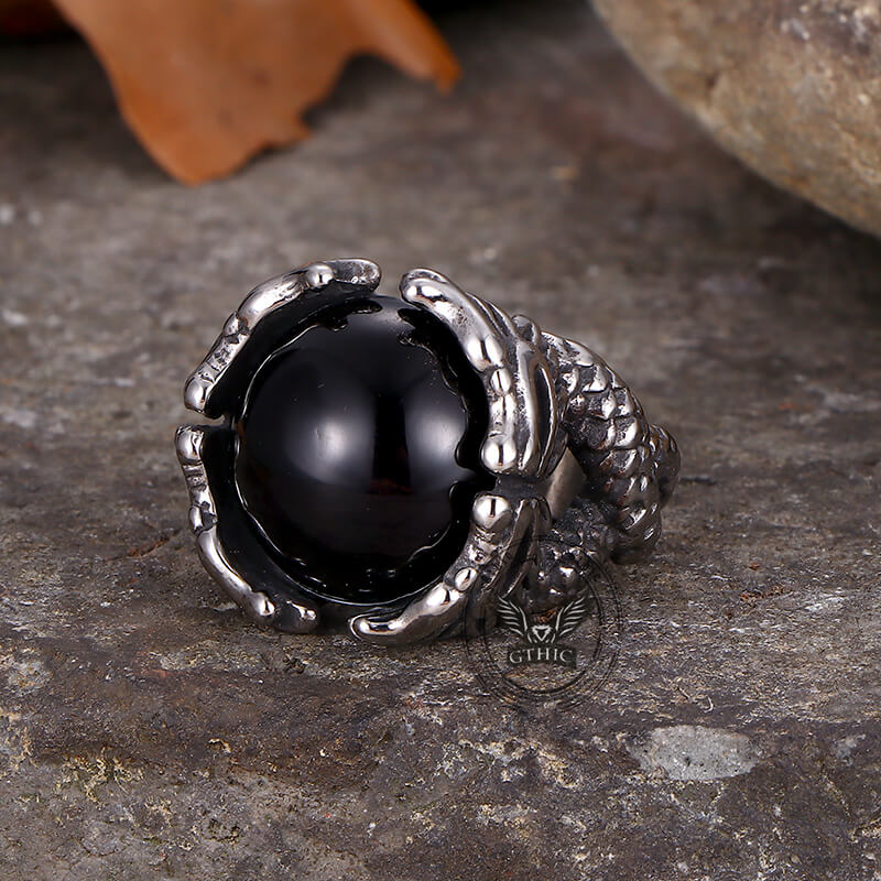 Vintage Double Dragon Playing with Gemstone Ring in Stainless Steel