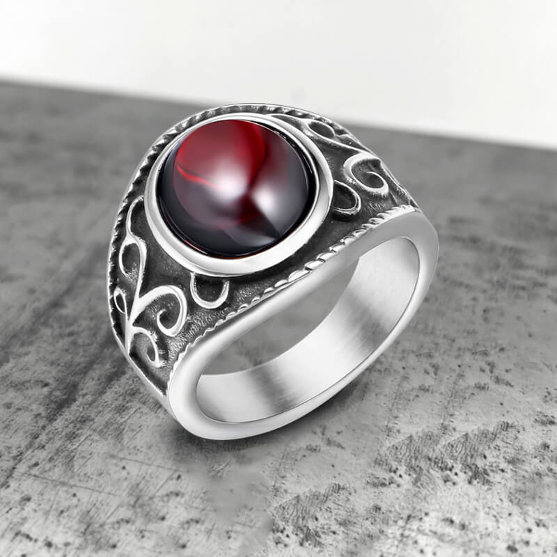 Vintage Engraved Flowers Ruby Ring in Stainless Steel