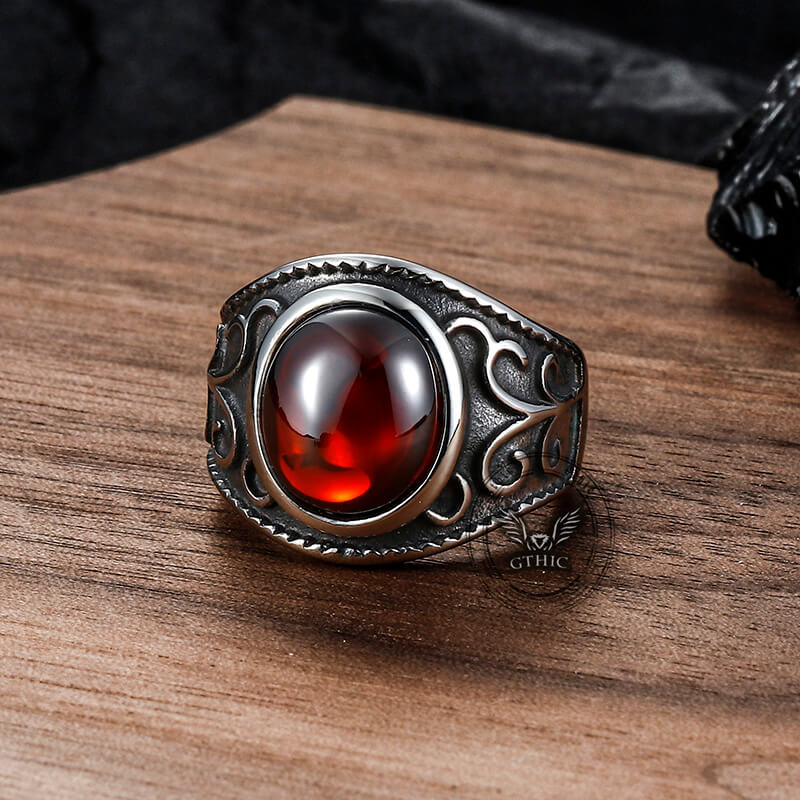 Vintage Engraved Flowers Ruby Ring in Stainless Steel