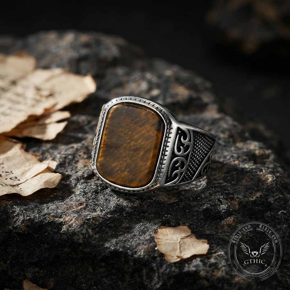 Vintage Engraved Pattern Gem Ring in Stainless Steel