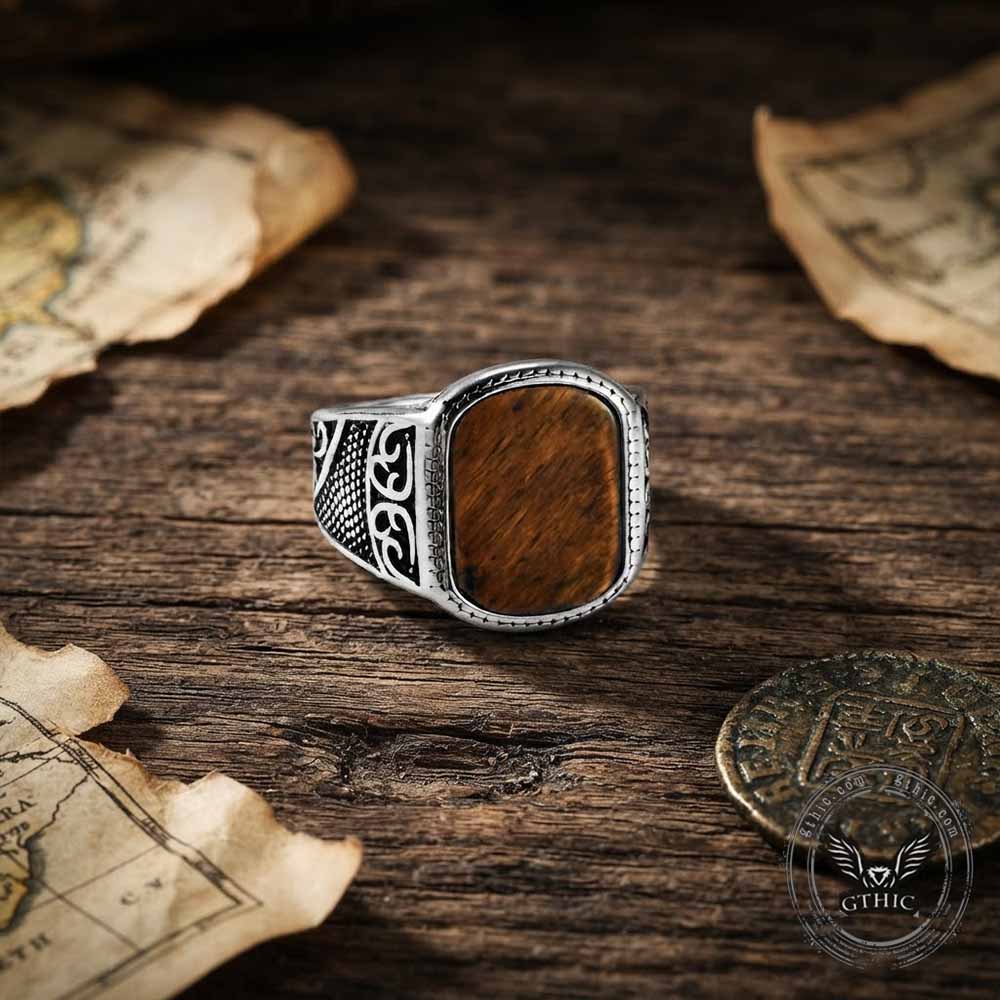 Vintage Engraved Pattern Gem Ring in Stainless Steel