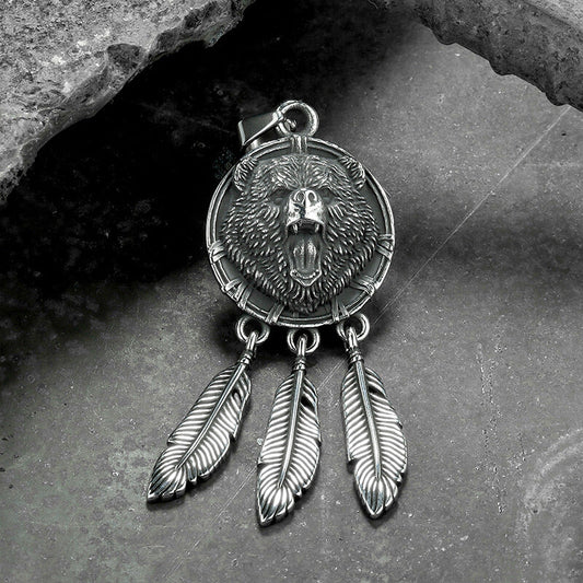 Vintage Feather Bear Head Animal Pendant in Stainless Steel