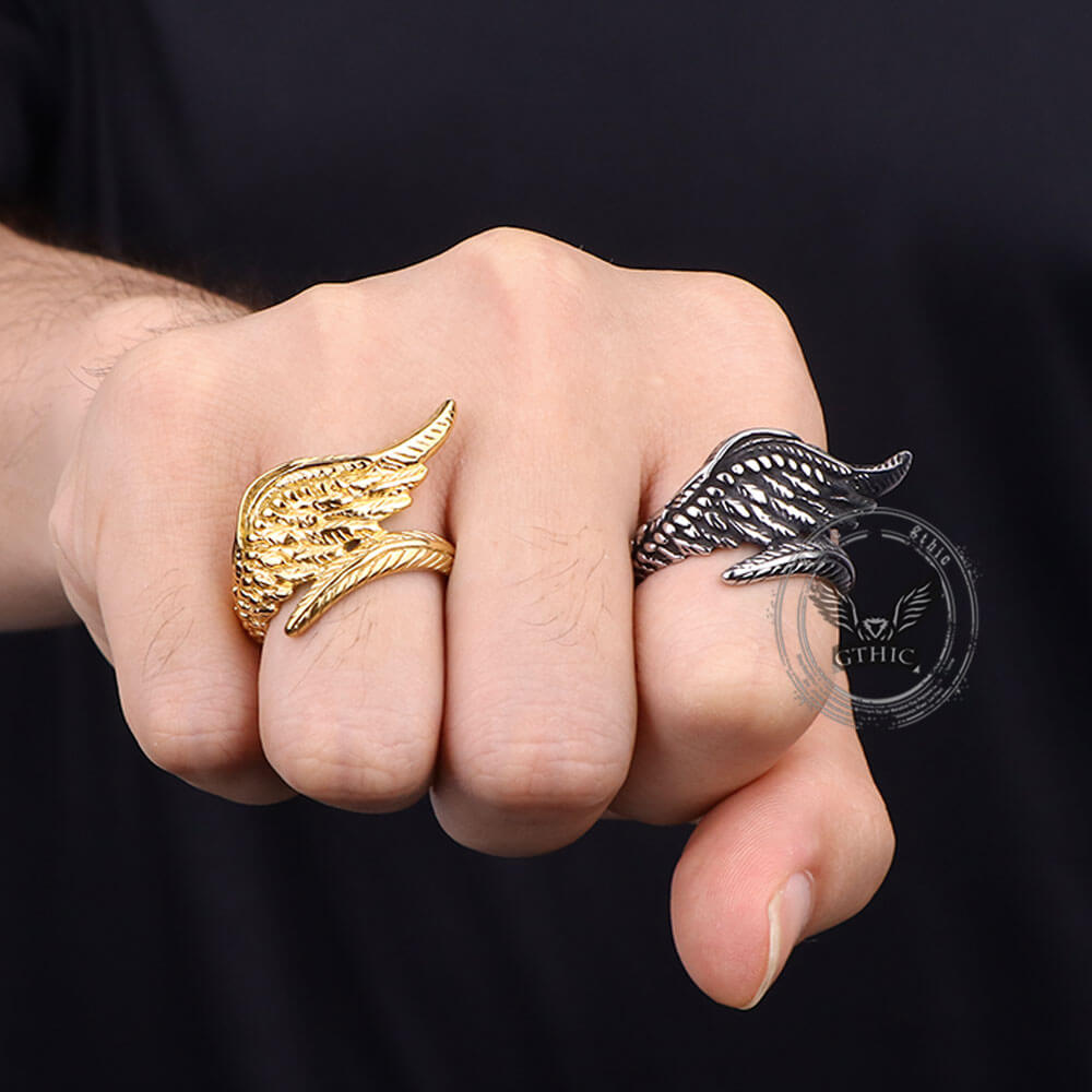 Vintage Feather Guardian Wings Ring in Stainless Steel