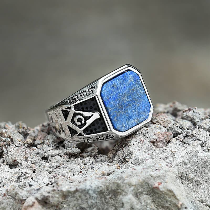 Vintage Frosted Lapis Lazuli Masonic Ring in Stainless Steel