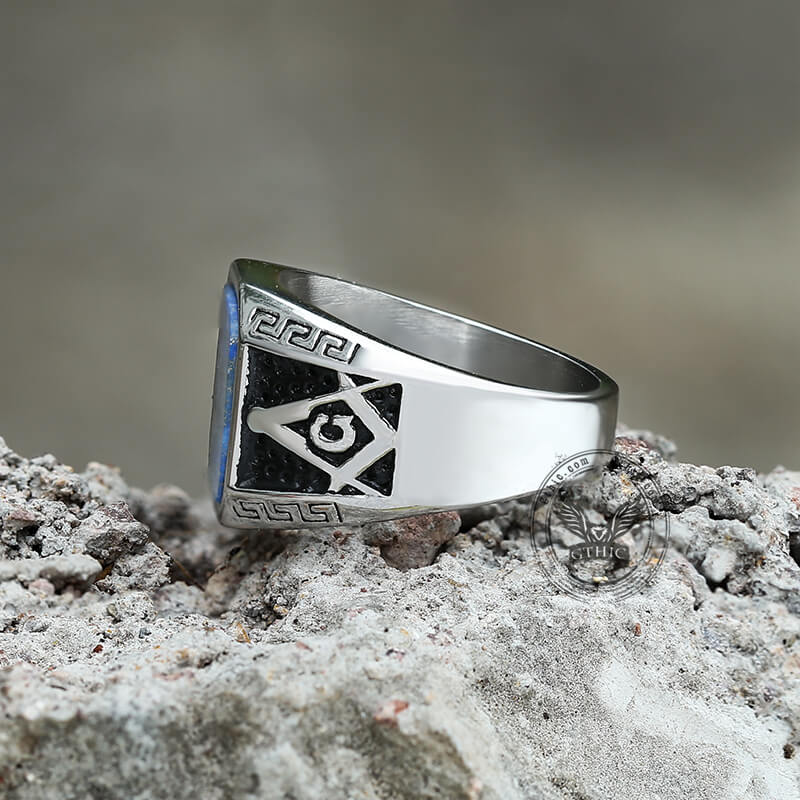 Vintage Frosted Lapis Lazuli Masonic Ring in Stainless Steel