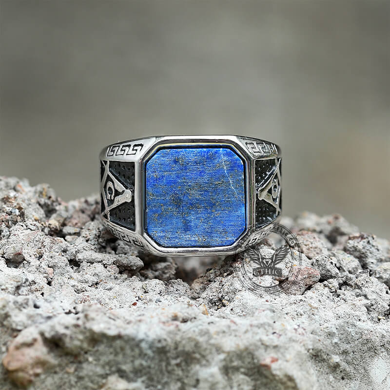 Vintage Frosted Lapis Lazuli Masonic Ring in Stainless Steel