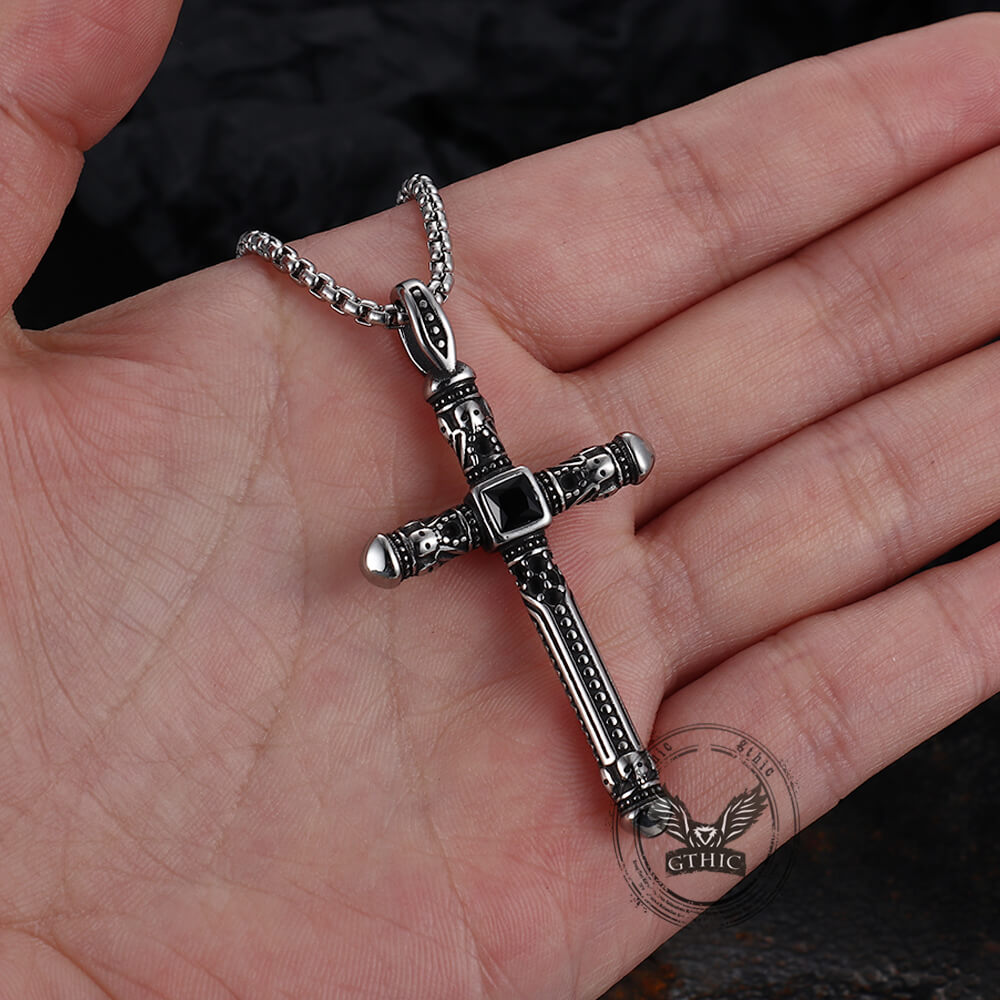 Vintage Gemstone Cross Skull Pendant in Stainless Steel