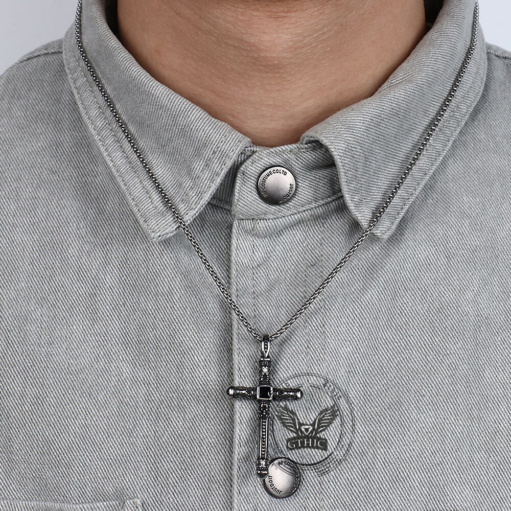 Vintage Gemstone Cross Skull Pendant in Stainless Steel