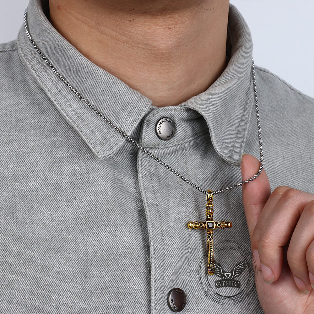 Vintage Gemstone Cross Skull Pendant in Stainless Steel