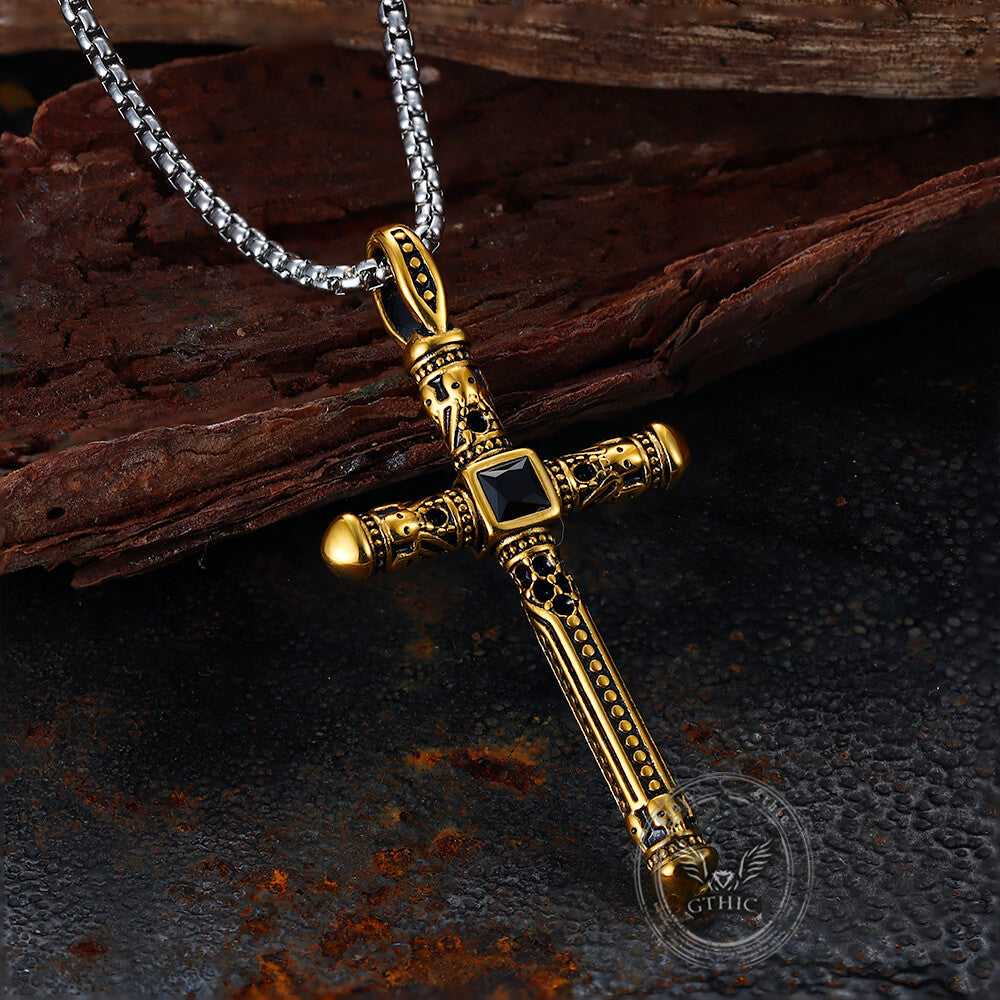 Vintage Gemstone Cross Skull Pendant in Stainless Steel