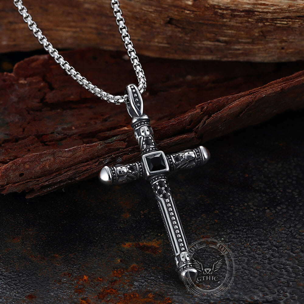 Vintage Gemstone Cross Skull Pendant in Stainless Steel