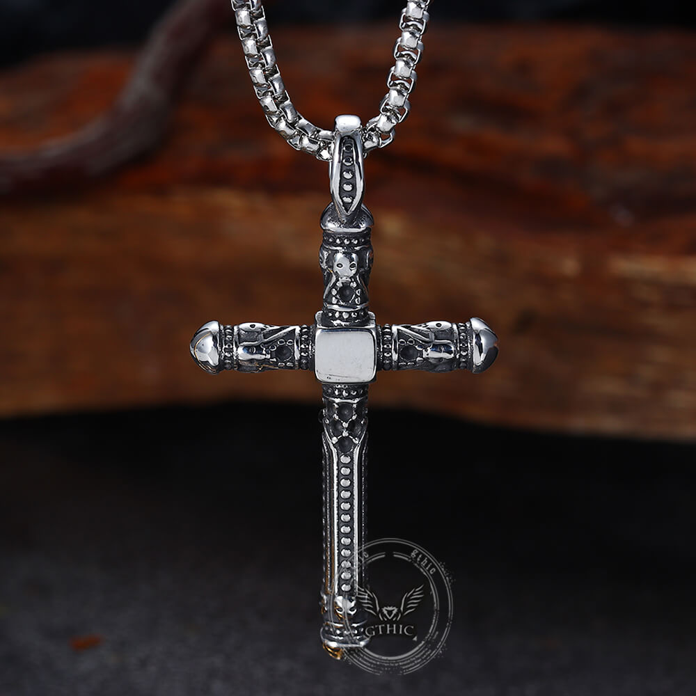 Vintage Gemstone Cross Skull Pendant in Stainless Steel