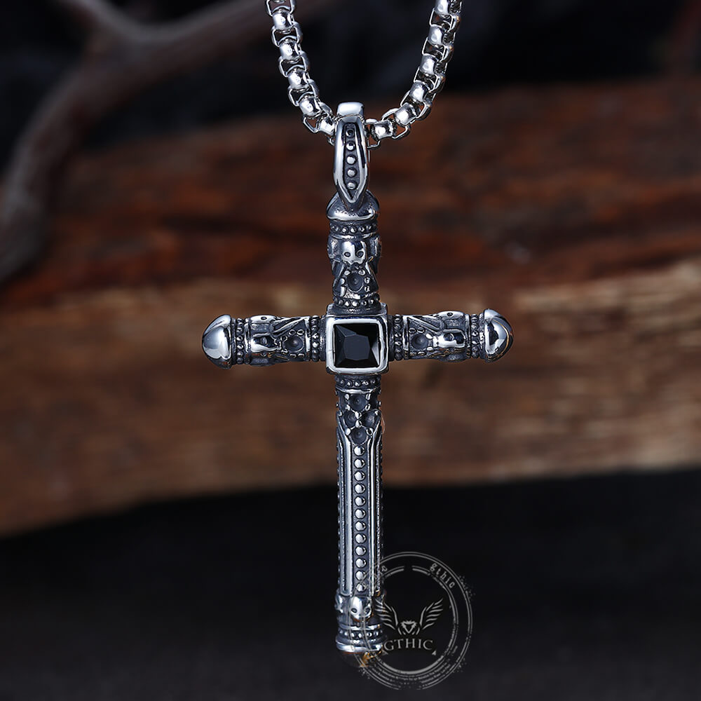 Vintage Gemstone Cross Skull Pendant in Stainless Steel