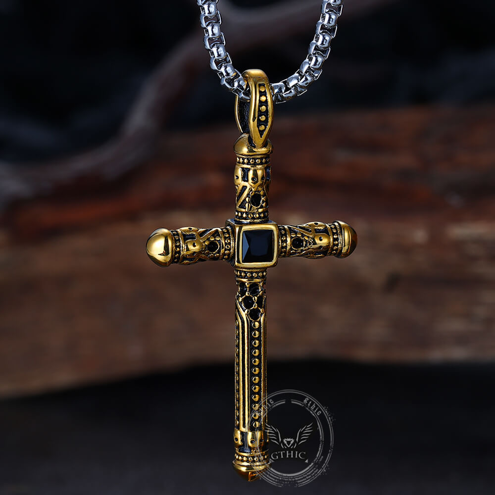Vintage Gemstone Cross Skull Pendant in Stainless Steel