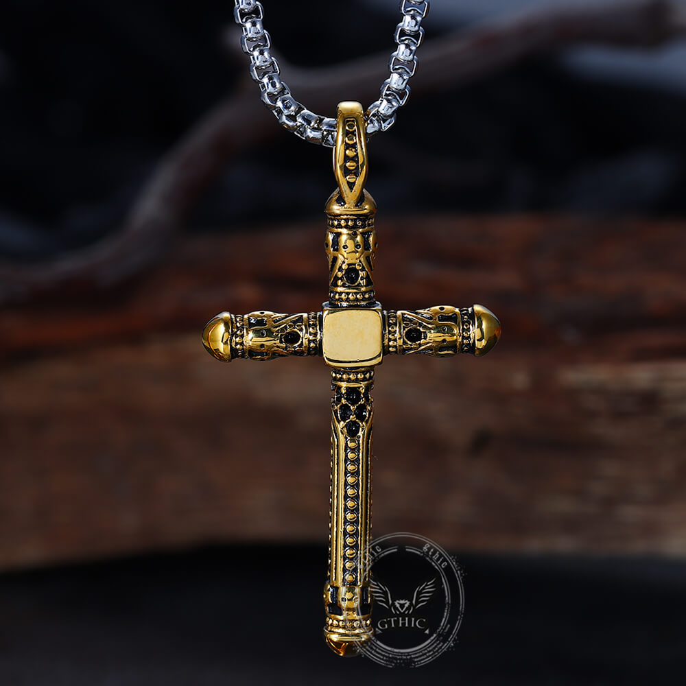 Vintage Gemstone Cross Skull Pendant in Stainless Steel