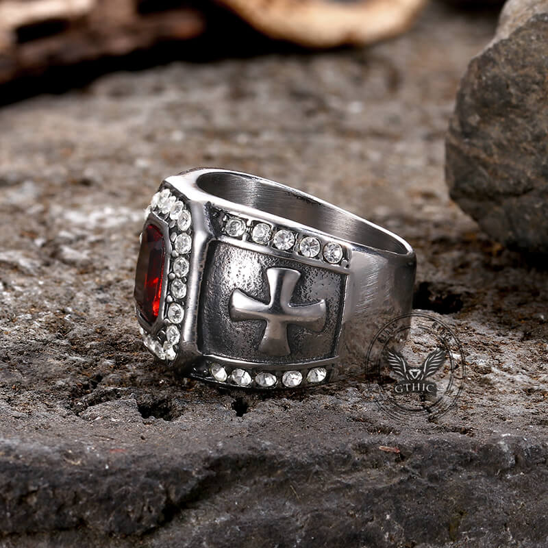 Vintage Gemstone Cross Ring in Stainless Steel