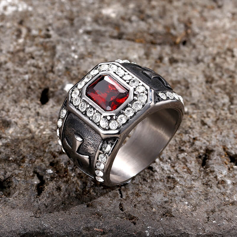 Vintage Gemstone Cross Ring in Stainless Steel