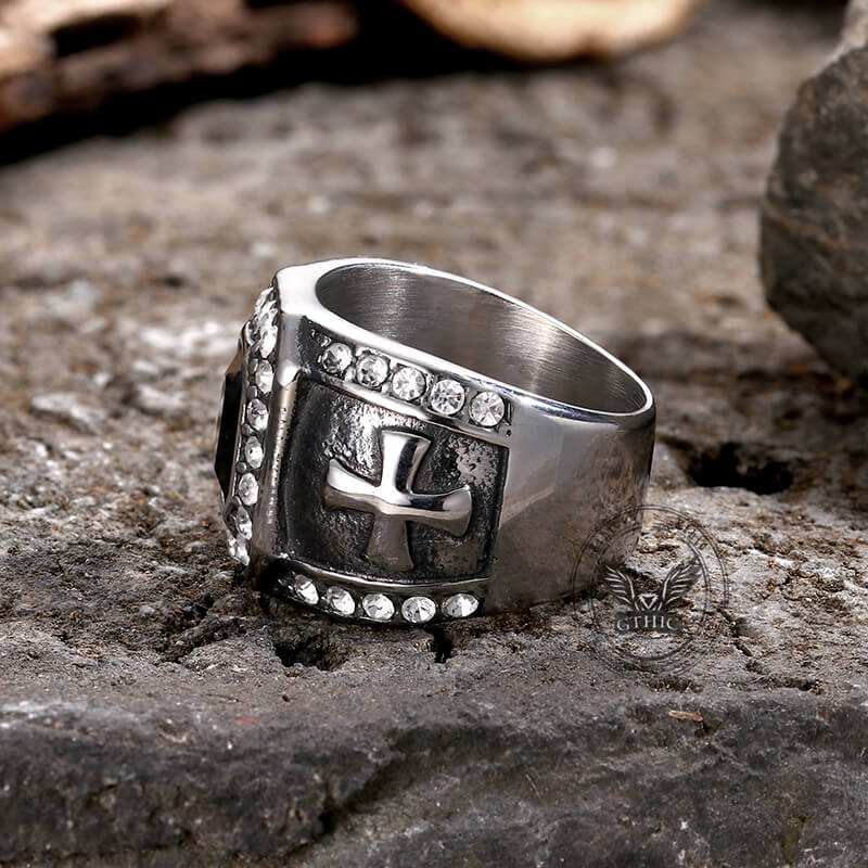 Vintage Gemstone Cross Ring in Stainless Steel