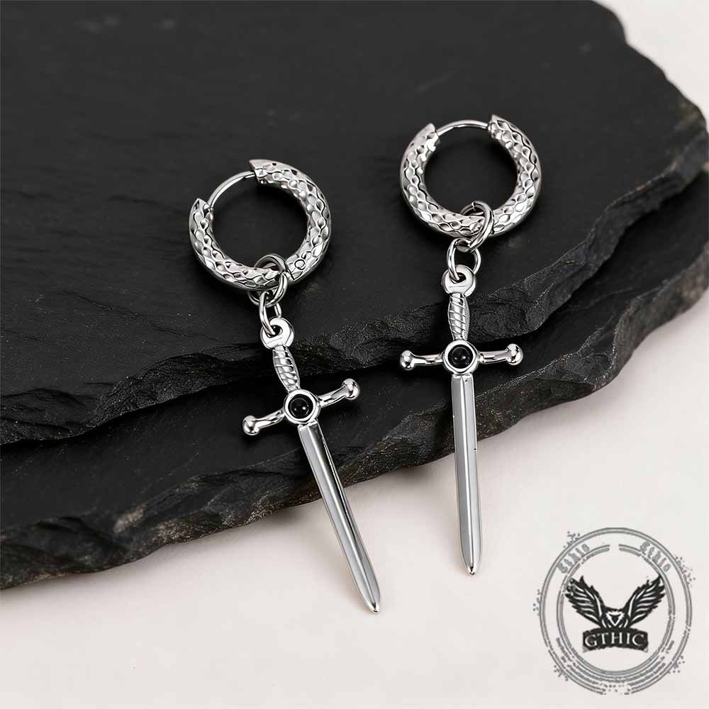 Vintage Gemstone Sword Cross Earrings in Stainless Steel