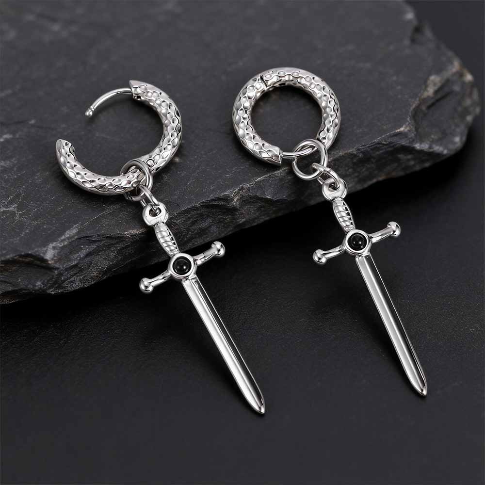 Vintage Gemstone Sword Cross Earrings in Stainless Steel