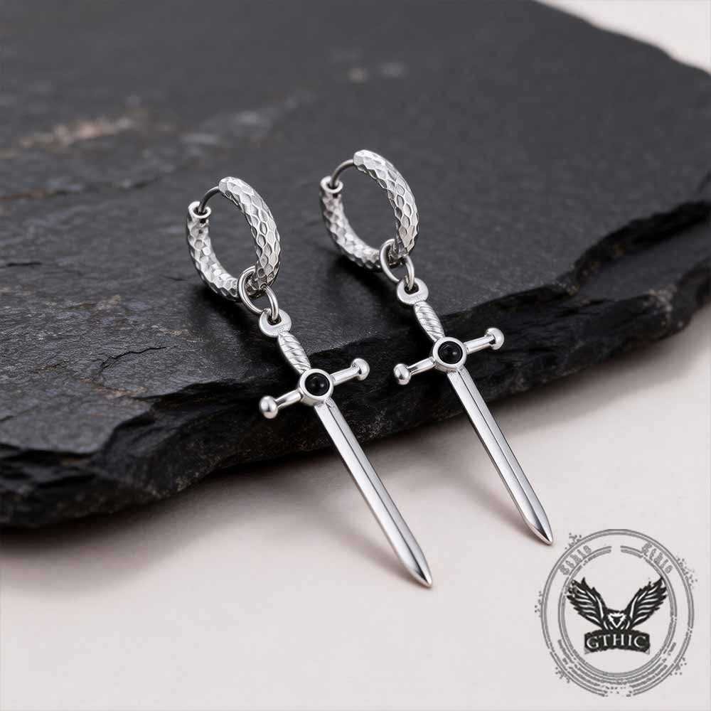 Vintage Gemstone Sword Cross Earrings in Stainless Steel