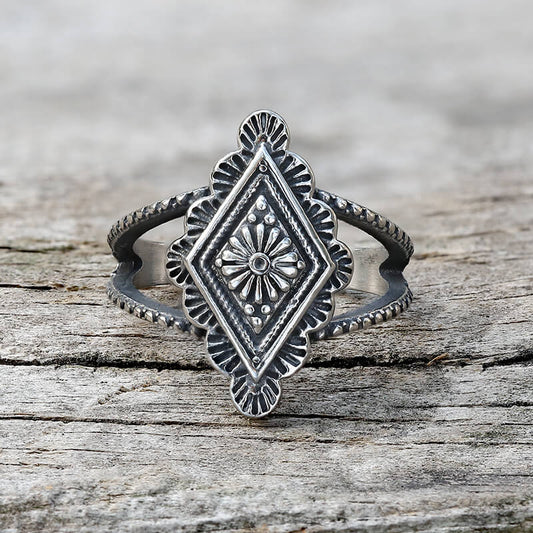 Vintage Geometric Bohemian Pattern Ring in Stainless Steel