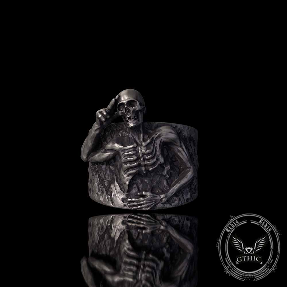Vintage Half Skull Salute Sterling Silver Ring