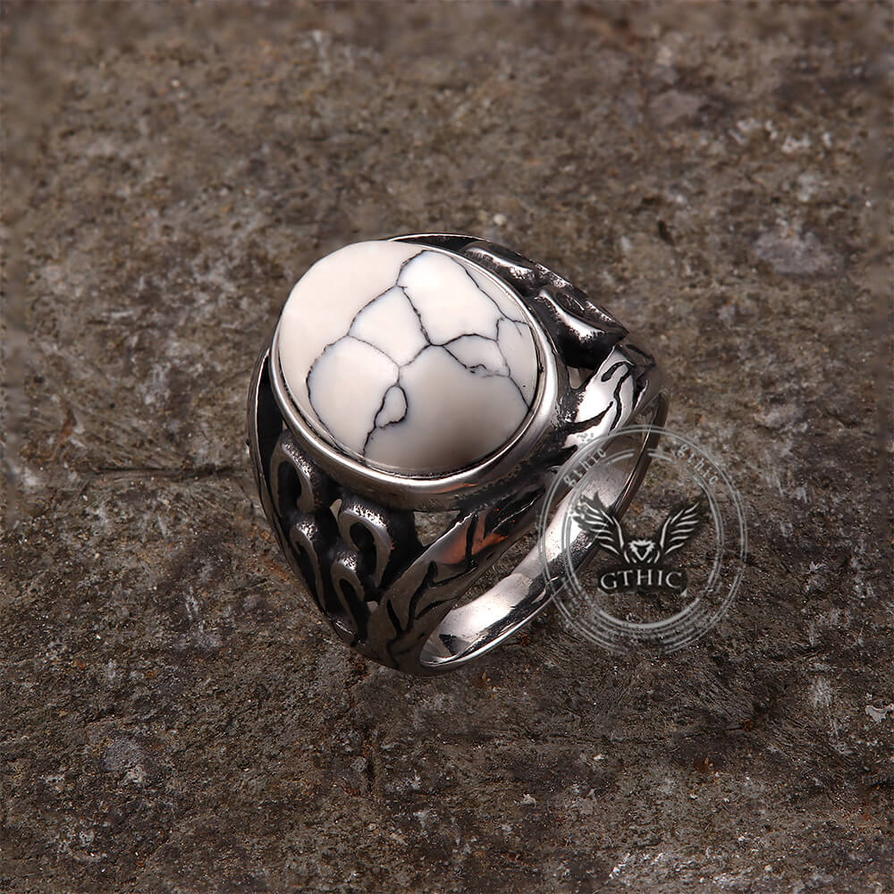 Vintage Hollow Carved Gemstone Ring in Stainless Steel