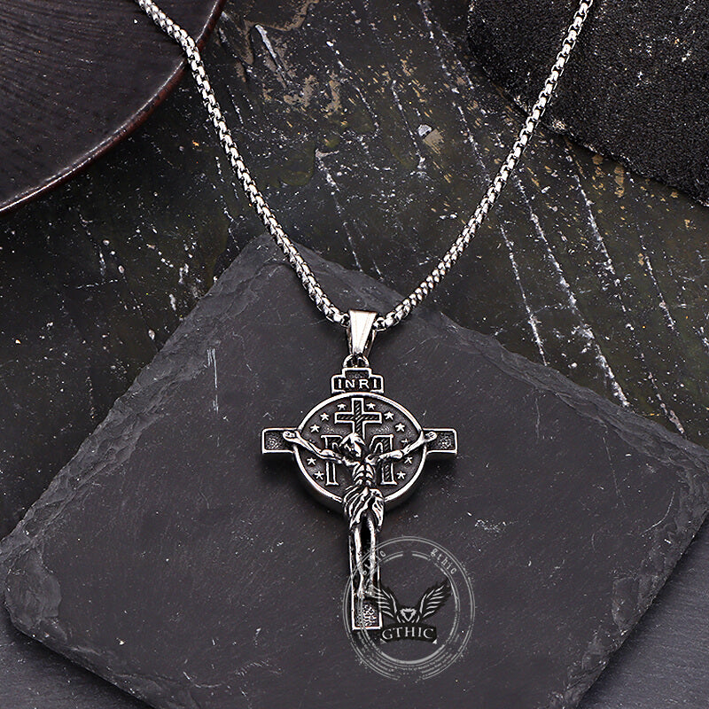 Vintage Jesus Suffering INRI Cross Pendant in Stainless Steel