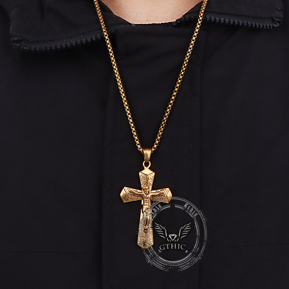 Vintage Jesus Suffering Cross Pendant in Stainless Steel